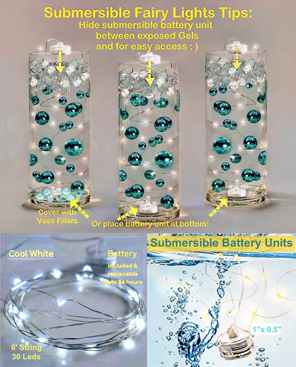 Vase Pearlfection 200 Floating White Pearls with Sparkling Gems- Large Sizes- 12 White Submersible LED Fairy Lights Strings with Hidable & Submersible Batteries- Fills 4 Gallons for Your Vases