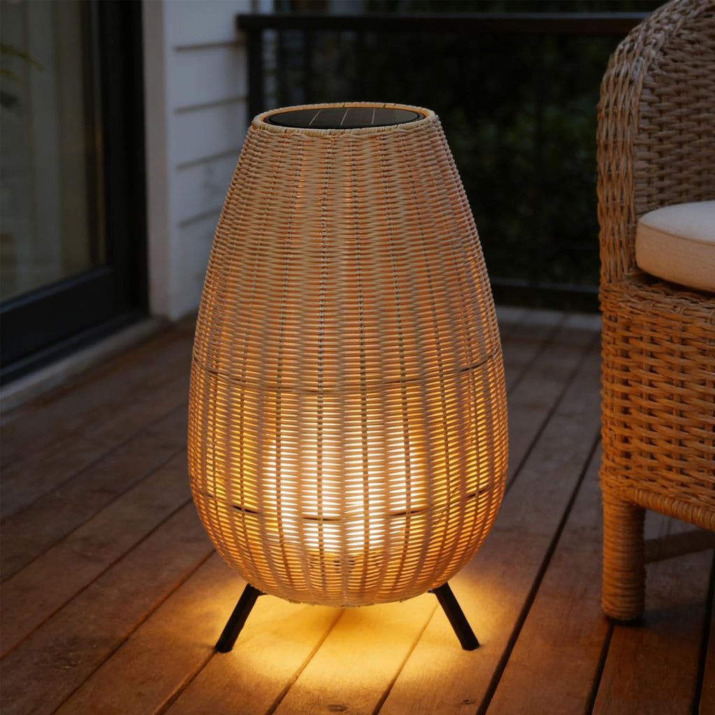 MIXL-Beige Shade Outdoor Floor Lamp,Waterproof Solar Lamp with Rattan Lampshade,Solar Lights Camping,Modern Outdoor Lighting for Yard Patio