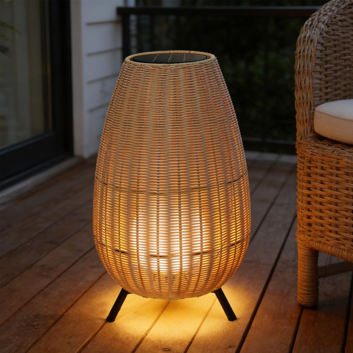 MIXL-Beige Shade Outdoor Floor Lamp,Waterproof Solar Lamp with Rattan Lampshade,Solar Lights Camping,Modern Outdoor Lighting for Yard Patio