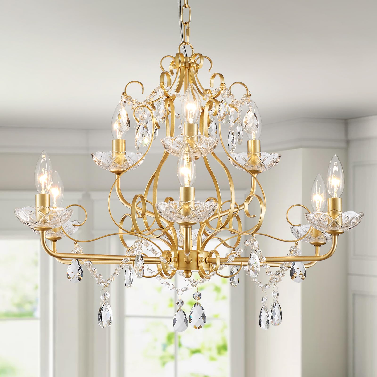 WUZUPS Crystal 5-Light Candle Chandelier Pendant Flushmount Ceiling Light Modern Lighting Fixture for Bedroom Hallway Bar Kitchen Bathroom, H 20.9" x W 21.7", Brushed Nickel, E12 Base