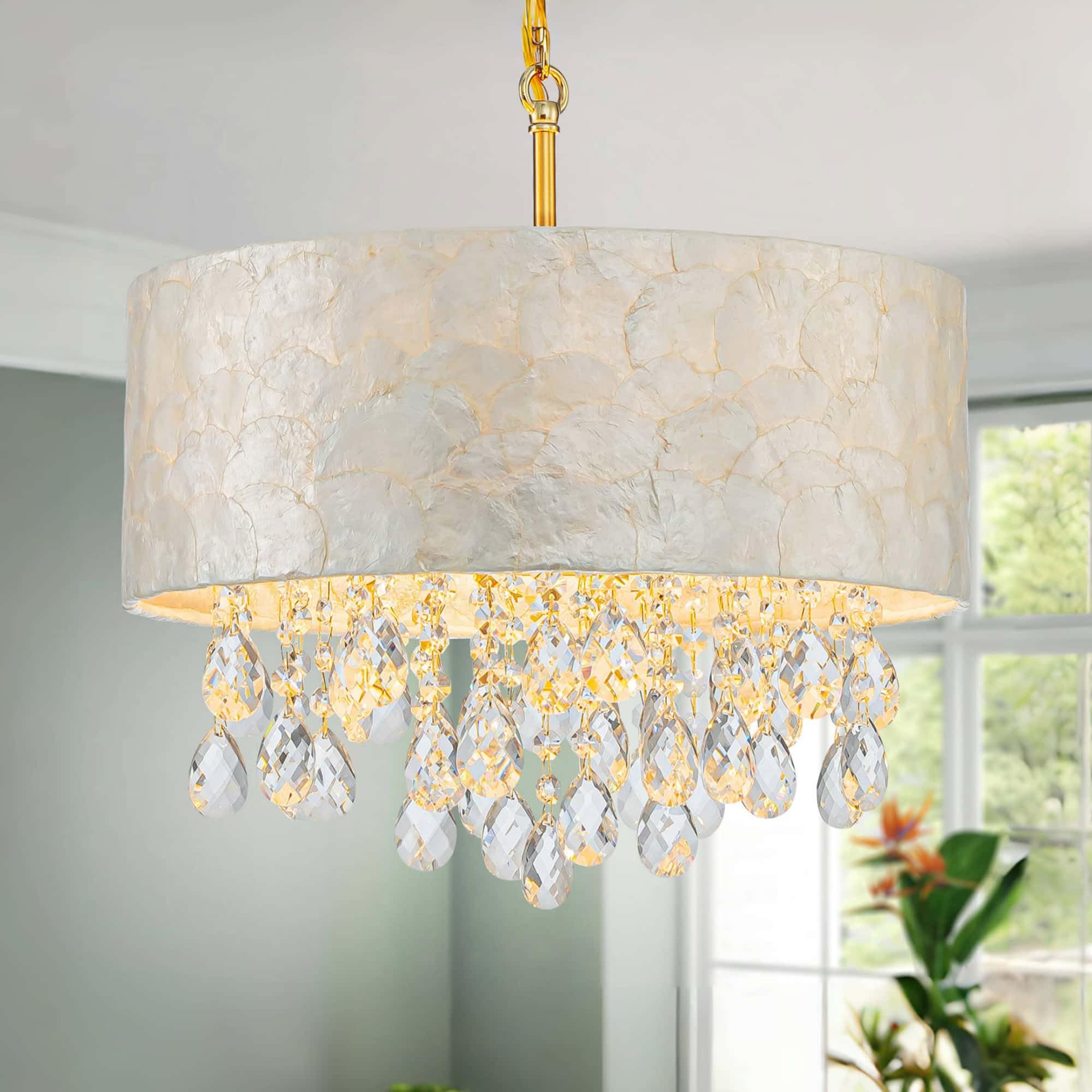 LumFurn X-Large 6-Light Drum Capiz Shell Crystal Chandeliers, Coastal Style Pendant Light Fixture for Dining Room, Living Room, D24 x H23~71 inch(Adjustable), Shell Lampshade & Chrome Finish