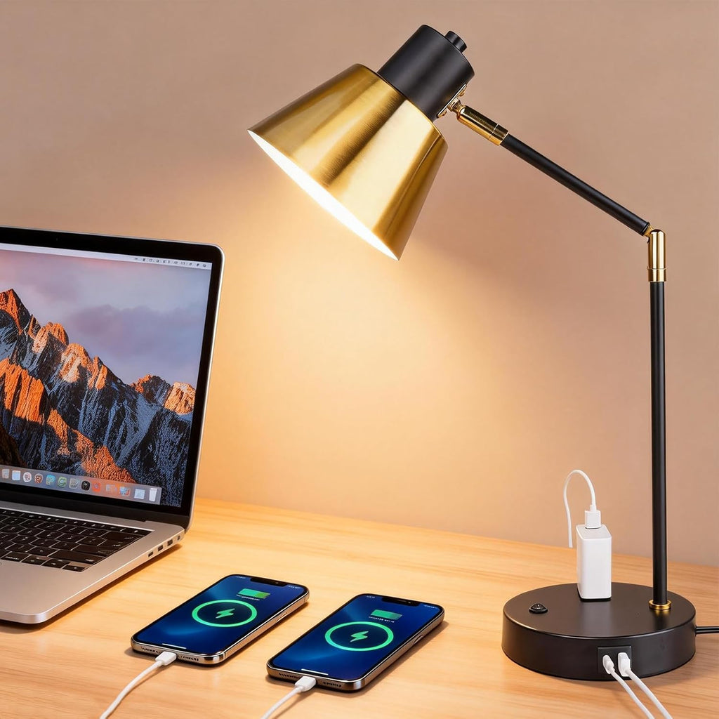 Modern Desk Lamp with USB & AC Outlet, Adjustable Industrial Table Lamp, Heavy Base, 270° Swivel, E26 Socket for A15/G45/T45 Bulbs, Bedside Lamp for Bedroom, Office, Living Room (Bulb Not Included)