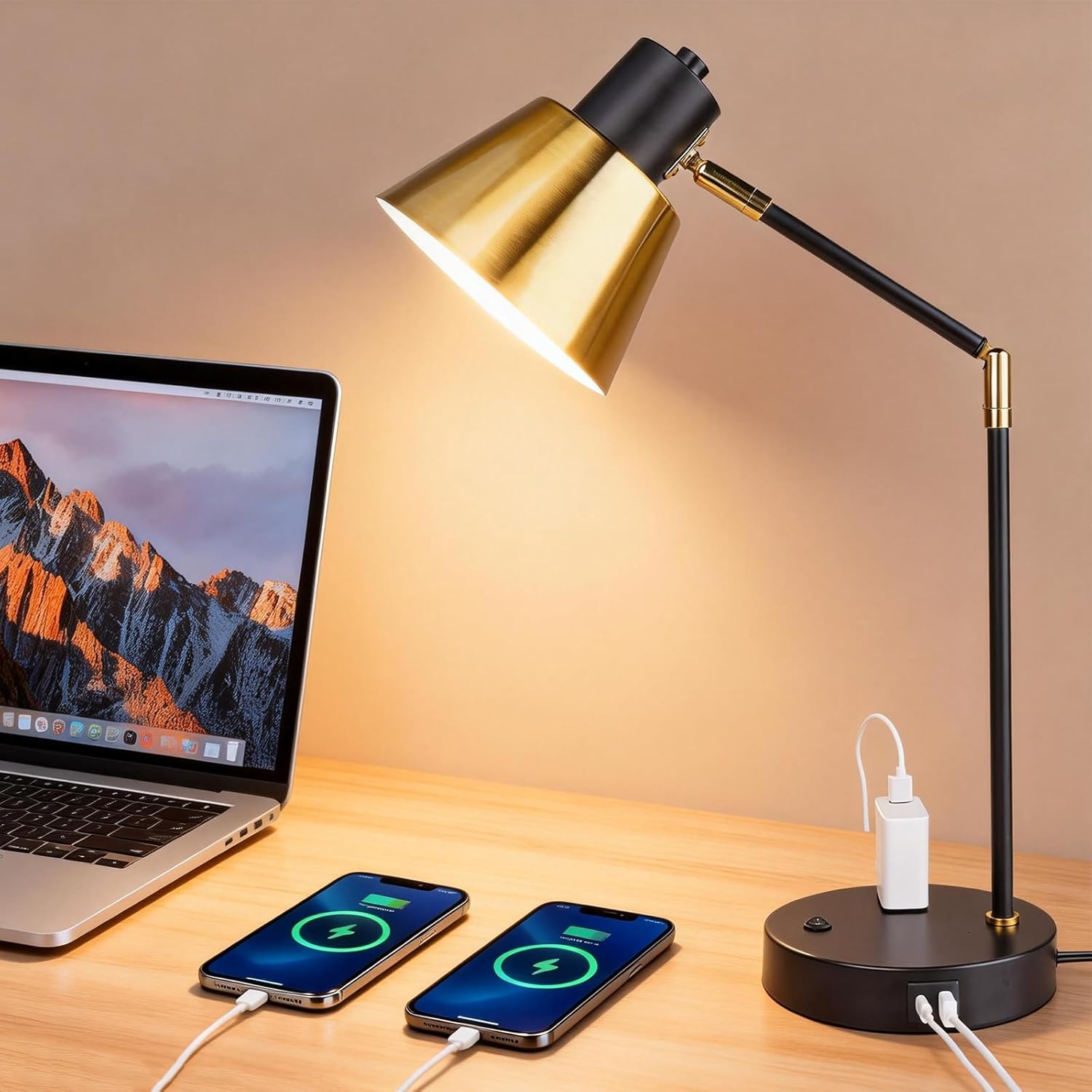 Modern Desk Lamp with USB & AC Outlet, Adjustable Industrial Table Lamp, Heavy Base, 270° Swivel, E26 Socket for A15/G45/T45 Bulbs, Bedside Lamp for Bedroom, Office, Living Room (Bulb Not Included)