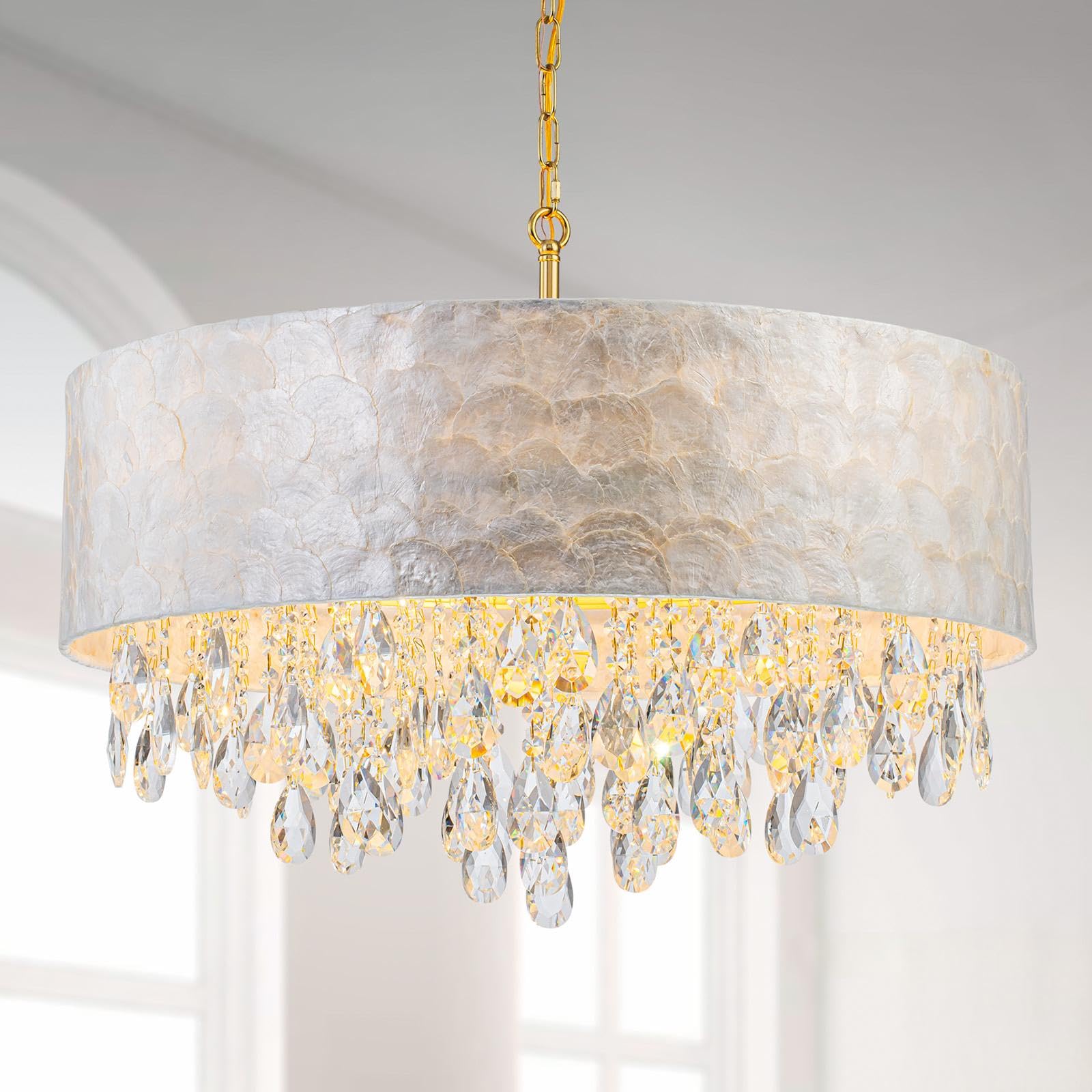 LumFurn X-Large 6-Light Drum Capiz Shell Crystal Chandeliers, Coastal Style Pendant Light Fixture for Dining Room, Living Room, D24 x H23~71 inch(Adjustable), Shell Lampshade & Chrome Finish