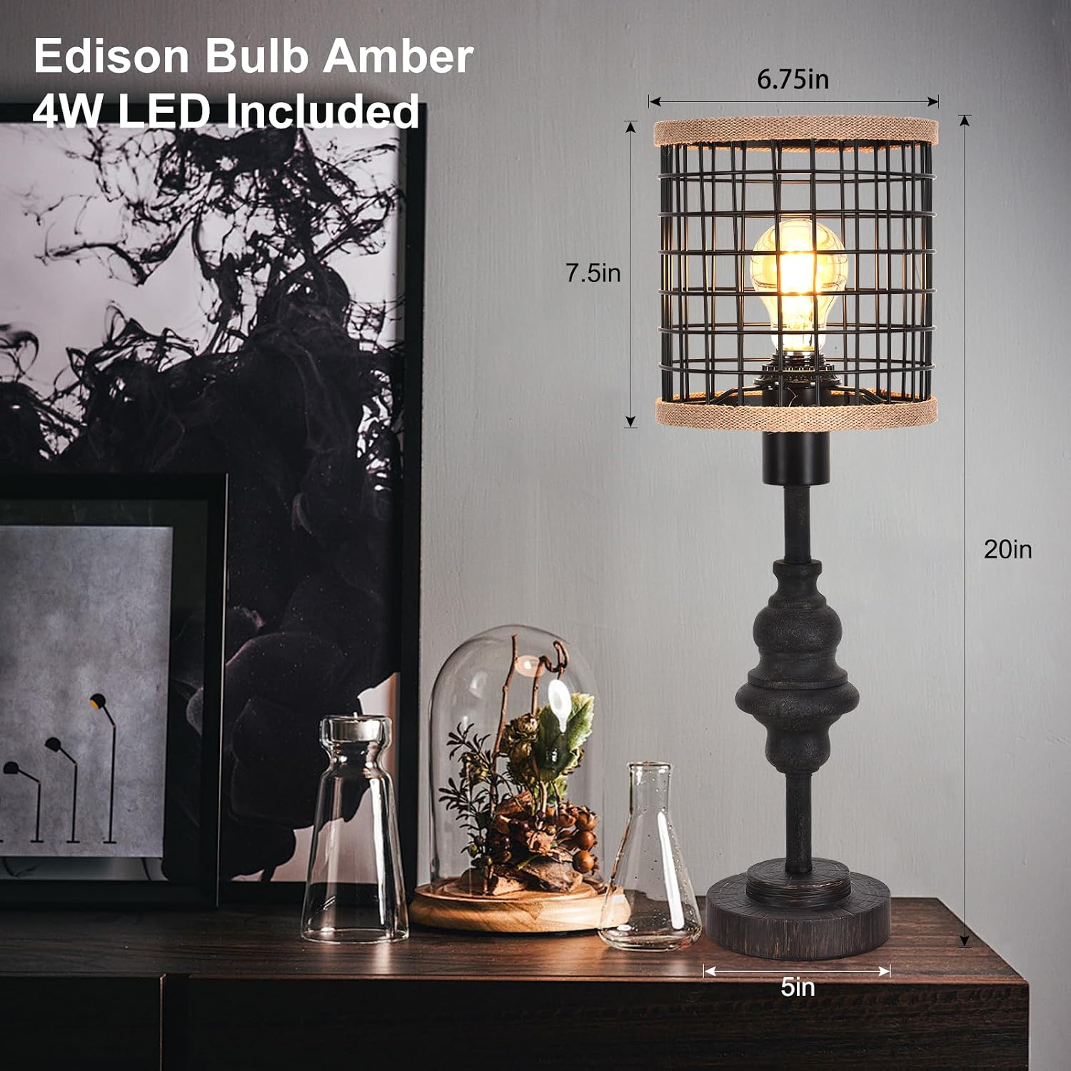 Black Industrial Metal Mesh Table Lamp, 20" Tall Farmhouse Bedside Lamp with Burlap Trim, 5ft Brown Cord & Rotary Switch, E26 Bakelite Socket for Bedroom Living Room