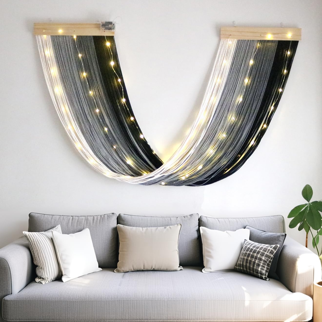 Macrame Fairy Lights Battery Operated with Remote | Large Macrame with 20ft 100 LED String Lights,Brown Gradient Warm White Light for Living Room,Bedroom,Christmas,Holiday Deco