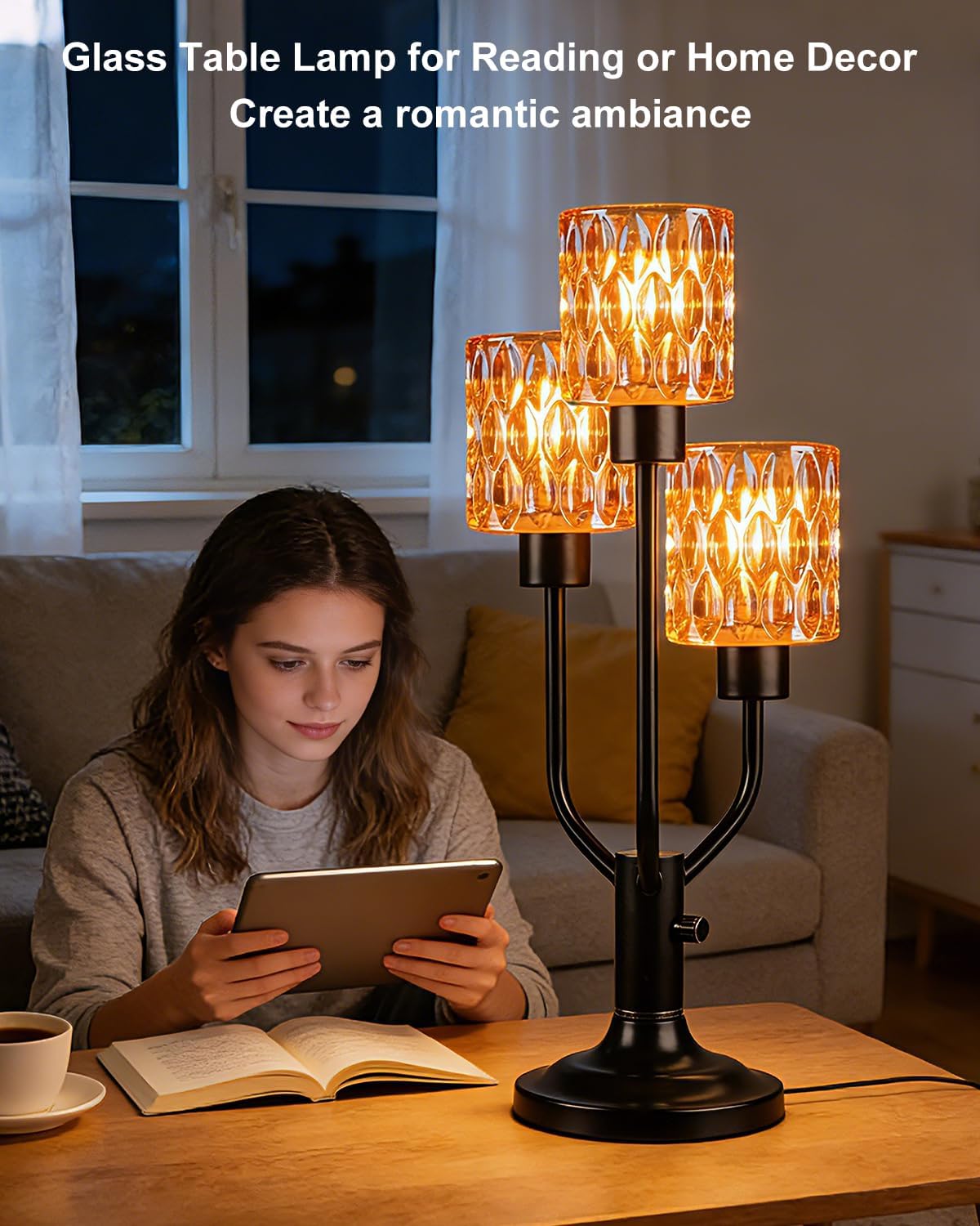Mid Century Modern Table Lamp for Living Room Dimmable Nightstand Lamp Vintage Black Desk Lamp with Brown Glass 3 Bulbs Included Warmwhite Ambient Bedside Lamps for Bedroom Office Home Decor