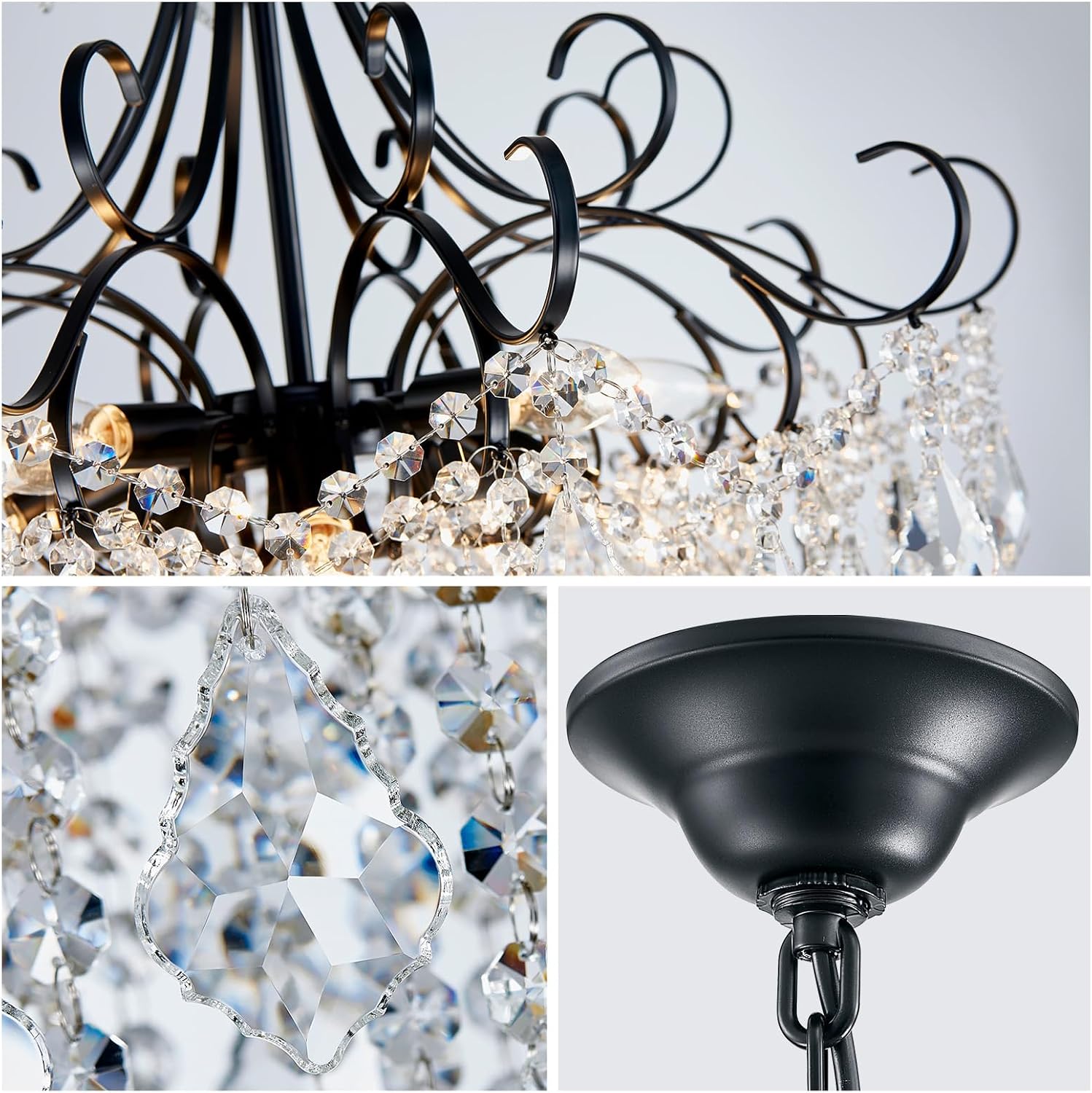 WUZUPS Crystal Chandelier 10-Light Pendant Ceiling Light Modern Lighting Fixture for Dining Room Hallway Bedroom Kitchen Bathroom, H 27.6" x W 22.8", E12 Base, Black