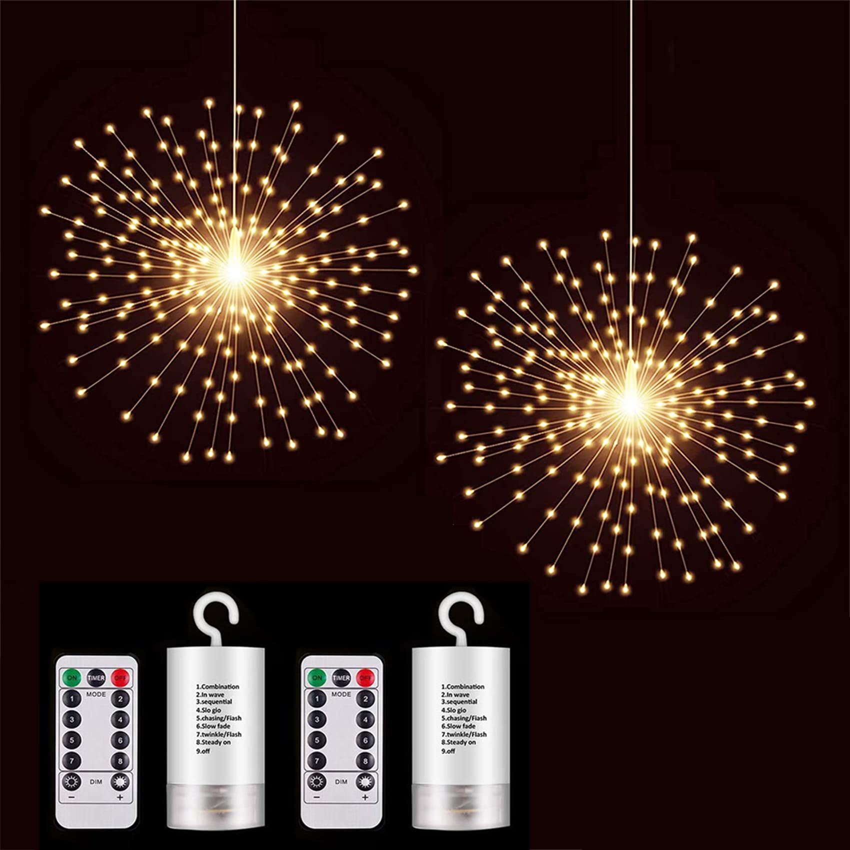 PXBNIUYA 4 Pack Starburst Sphere Lights,200 LED Firework Lights, 8 Modes Dimmable Remote Control Waterproof Hanging Fairy Light, Copper Wire Light for Patio Parties Christmas (Battery Operated)