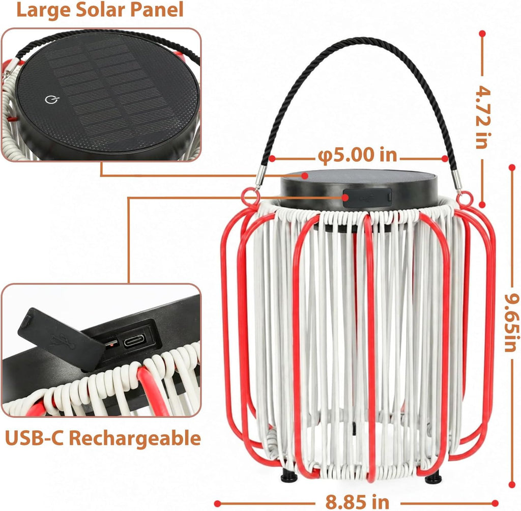 Solar Lanterns Outdoor Waterproof, Wicker Rattan Table Lamp with Iron Protective Frame, Rechargeable Hanging Lantern 30H+ Runtime, Dual USB-C/Solar, 3 Modes, IP54 – Patio Boho Decor Light