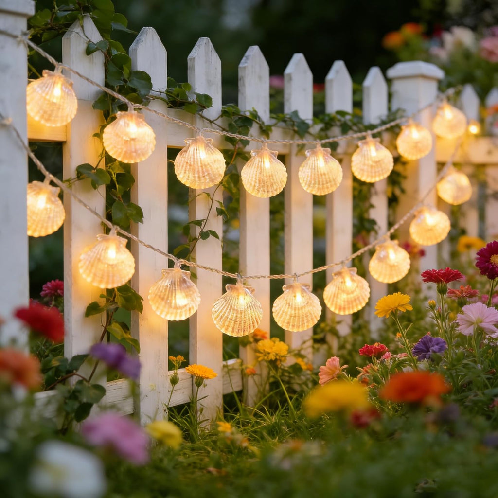 Natural Beach Shell String Light 20FT 40 LED Warm White LED Seashell Fairy Lights,Lights with Battery Operated，Ocean Theme Decor for Bedroom, Party, Wedding, Garden, Patio(Shell)