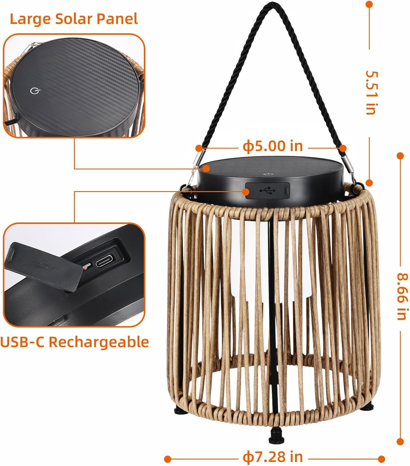 Solar Lanterns Outdoor Waterproof IP54, Handwoven Wicker Outdoor Table Lamps Portable Rechargeable with 30H+ Runtime, Dual USB-C/Solar Charging Hanging Lantern, 3 Brightness Levels