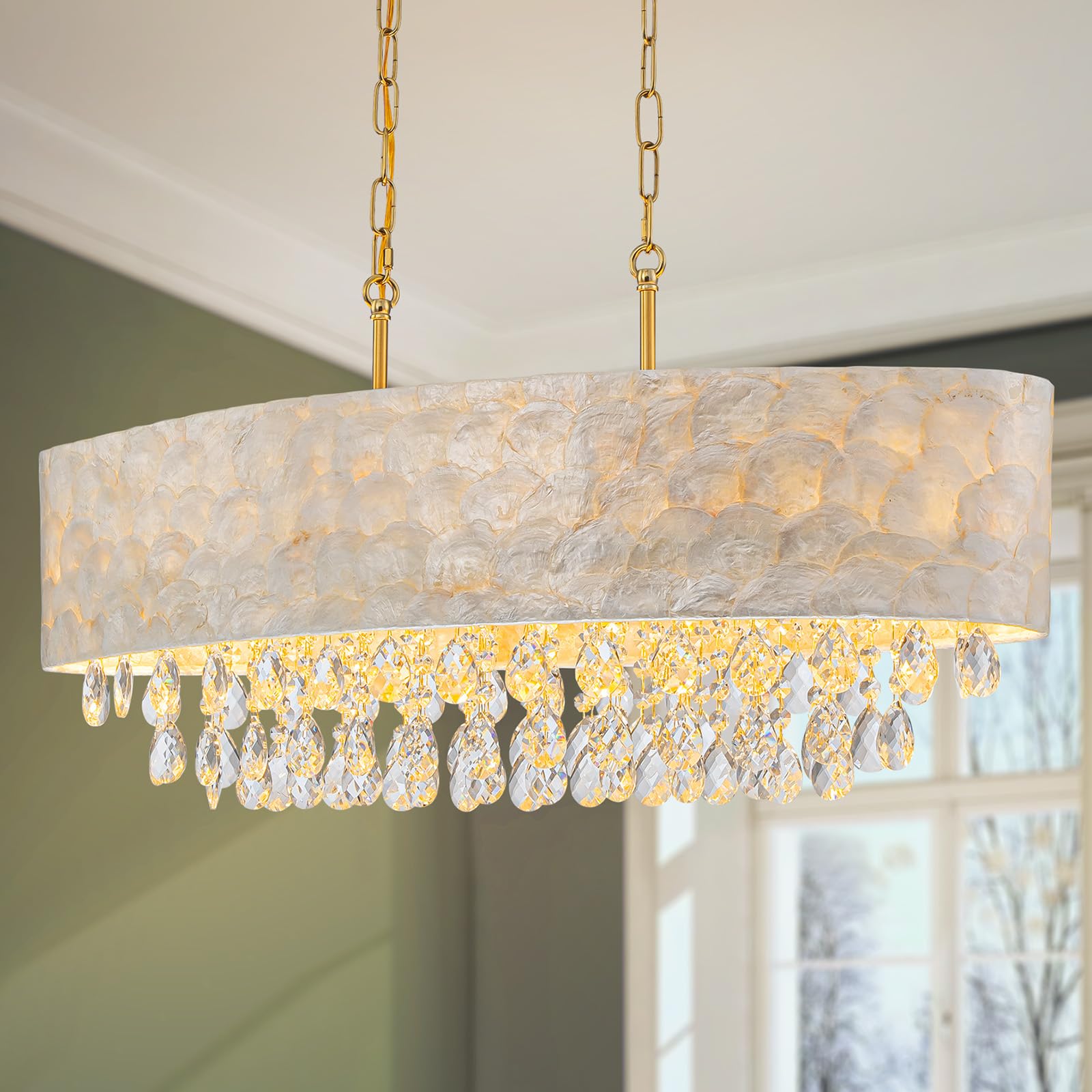 LumFurn X-Large 6-Light Drum Capiz Shell Crystal Chandeliers, Coastal Style Pendant Light Fixture for Dining Room, Living Room, D24 x H23~71 inch(Adjustable), Shell Lampshade & Chrome Finish