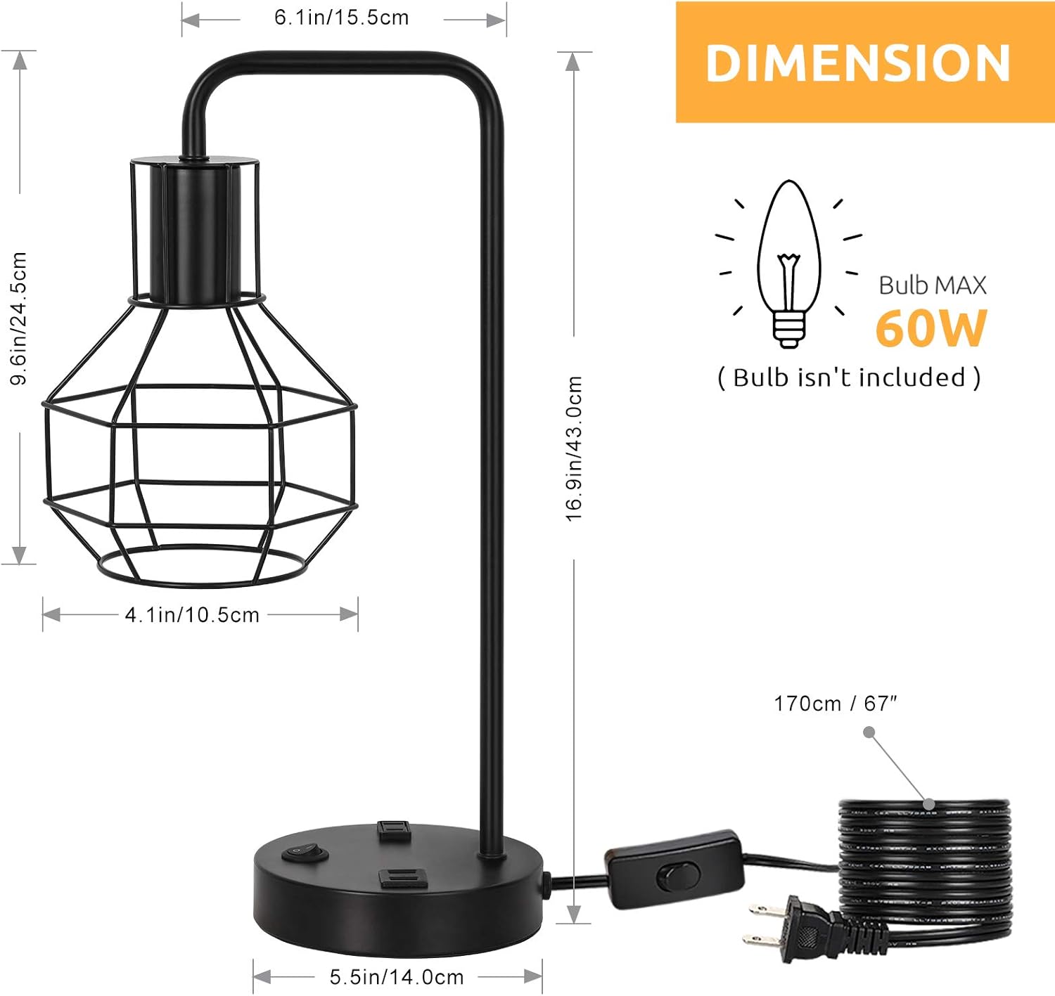 HAITRAL USB Modern Table Lamp with Outlet, Industrial Farmhouse Bedside Desk Lamp for Bedroom, Office, Living Room, Black (Without Bulb)