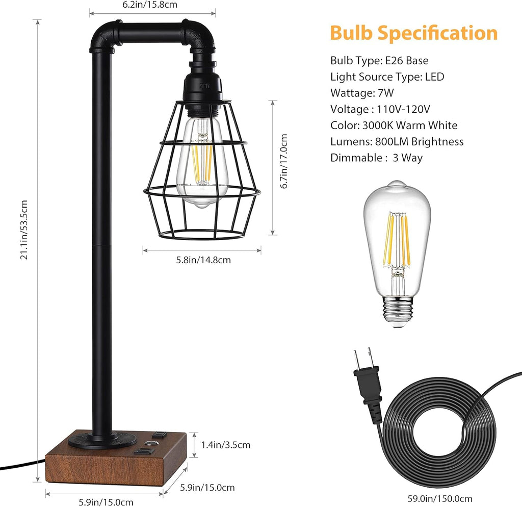 Industrial Touch Control Table Lamp, LED Bulb Included, 3 Way Dimmble Lamp with 2 USB Ports and AC Outlet, Bedside Nightstand Desk Lamps with Metal Cage Shade for Bedroom Living Room Farmhouse
