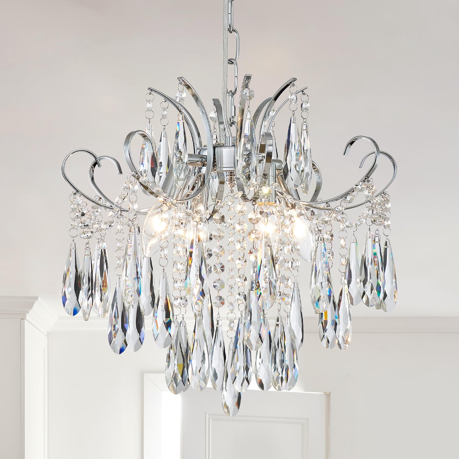 5-Light Modern Candle Crystal Glass Chandelier Pendant Ceiling Lighting Fixture for Dining Room Kitchen Hallway Living Room Bedroom Bar Closet, 23" Chrome Contemporary Elegant Lamp