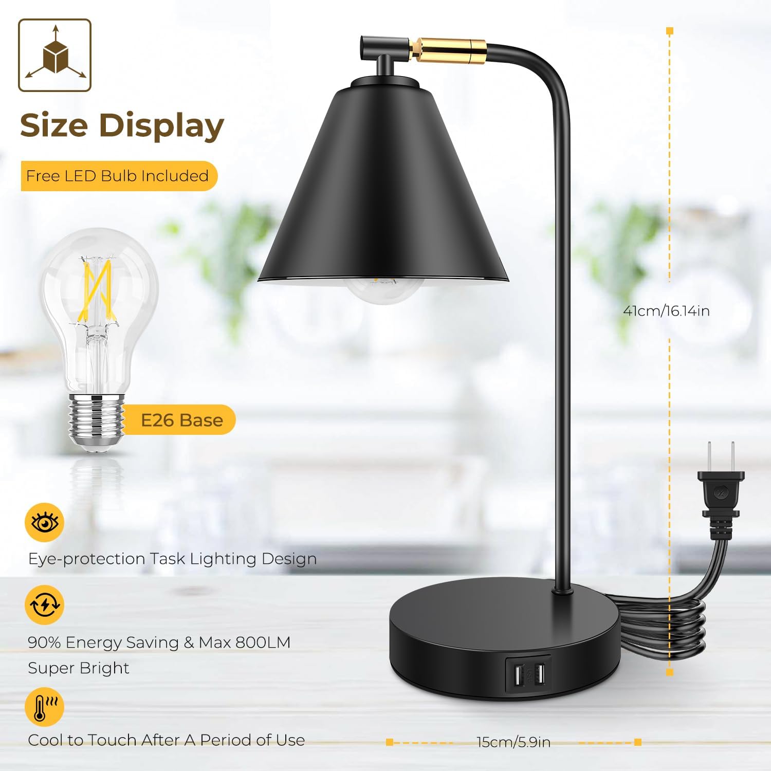 Touch Control Black Metal Table Lamp, Dimmable Flexible Desk Lamp with Charging Ports