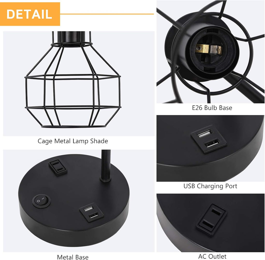HAITRAL USB Modern Table Lamp with Outlet, Industrial Farmhouse Bedside Desk Lamp for Bedroom, Office, Living Room, Black (Without Bulb)
