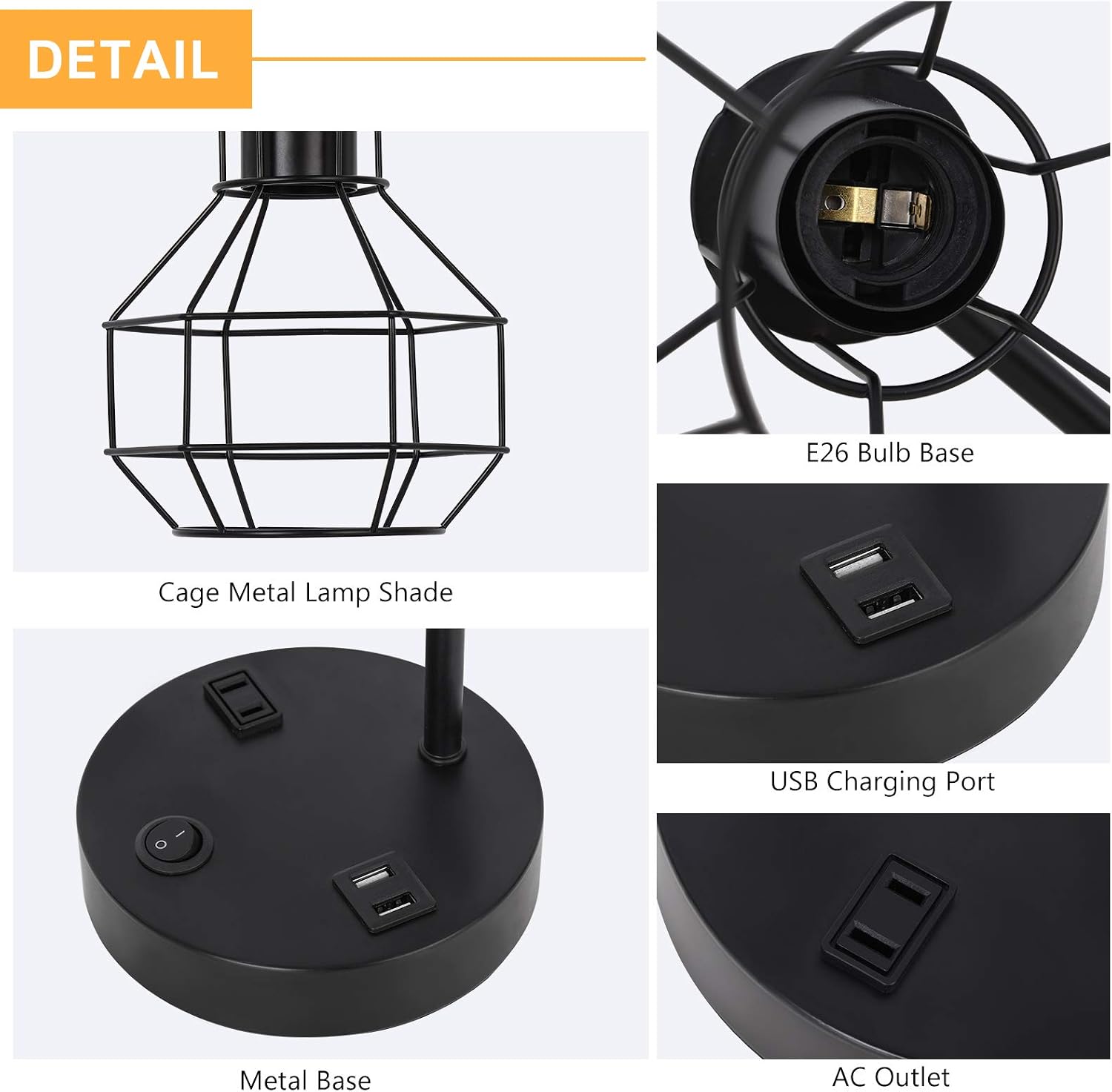HAITRAL USB Modern Table Lamp with Outlet, Industrial Farmhouse Bedside Desk Lamp for Bedroom, Office, Living Room, Black (Without Bulb)