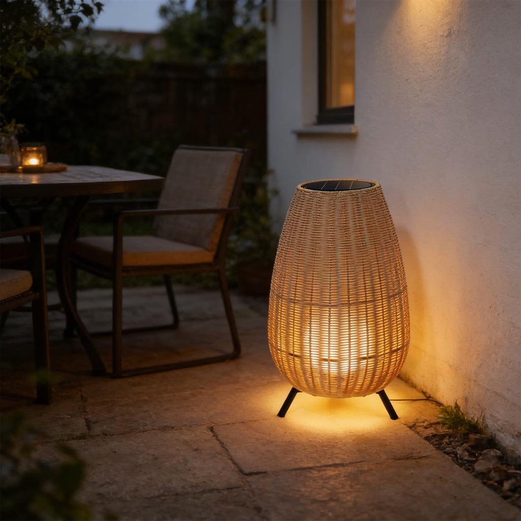 MIXL-Beige Shade Outdoor Floor Lamp,Waterproof Solar Lamp with Rattan Lampshade,Solar Lights Camping,Modern Outdoor Lighting for Yard Patio