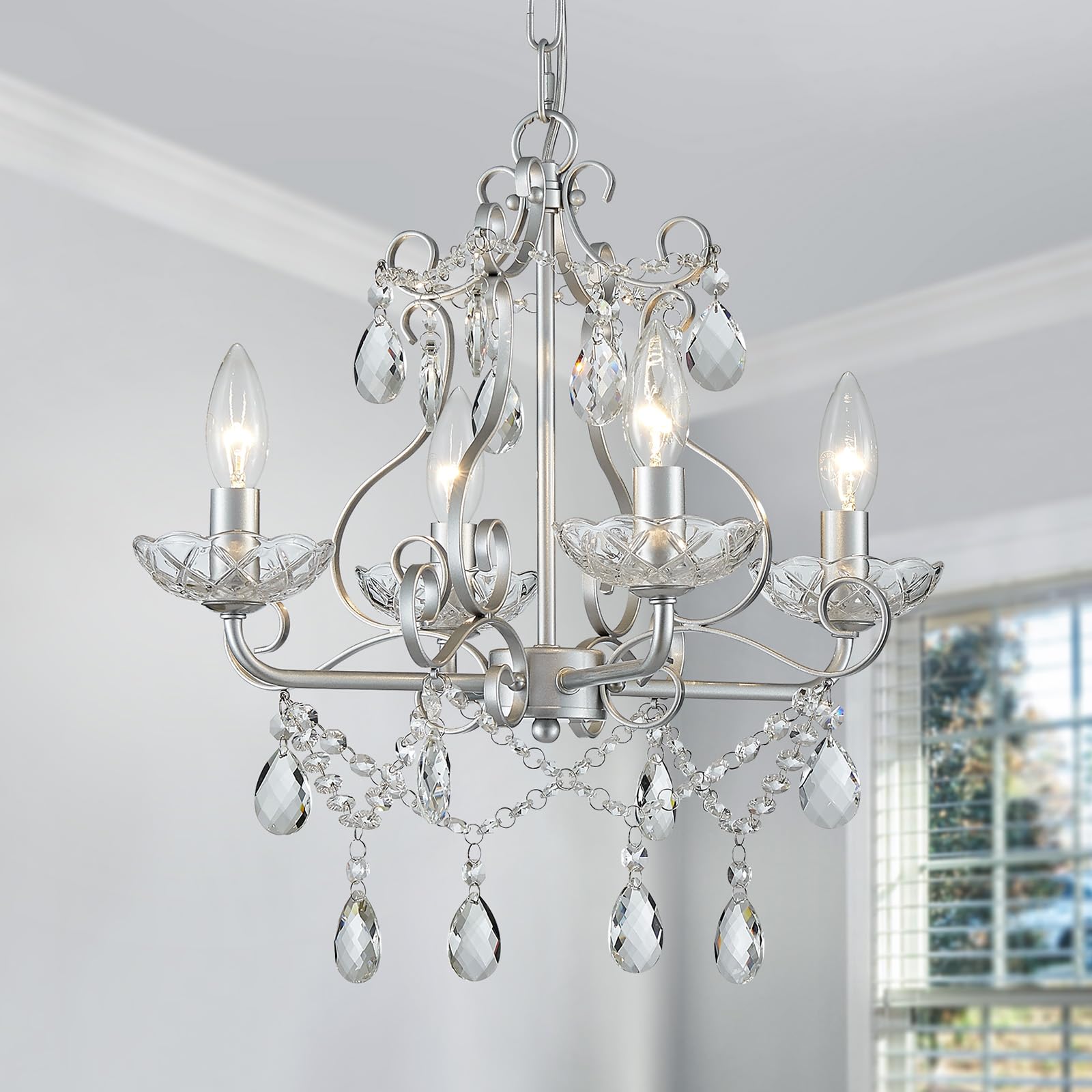 WUZUPS Crystal 5-Light Candle Chandelier Pendant Flushmount Ceiling Light Modern Lighting Fixture for Bedroom Hallway Bar Kitchen Bathroom, H 20.9" x W 21.7", Brushed Nickel, E12 Base