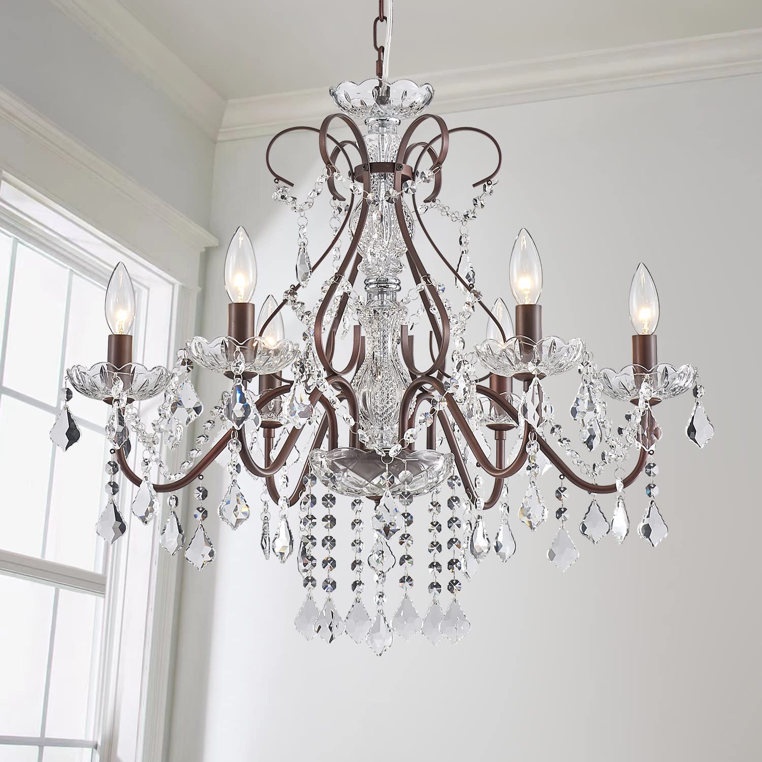 Saint Mossi 6-Lights Crystal Chandelier Crystals Raindrop Chandelier,Modern Crystal Pendant Light Fixture Modern Chandelier for Bedroom,Living Room,Dining Room,H22 X D24,Chain Adjustable