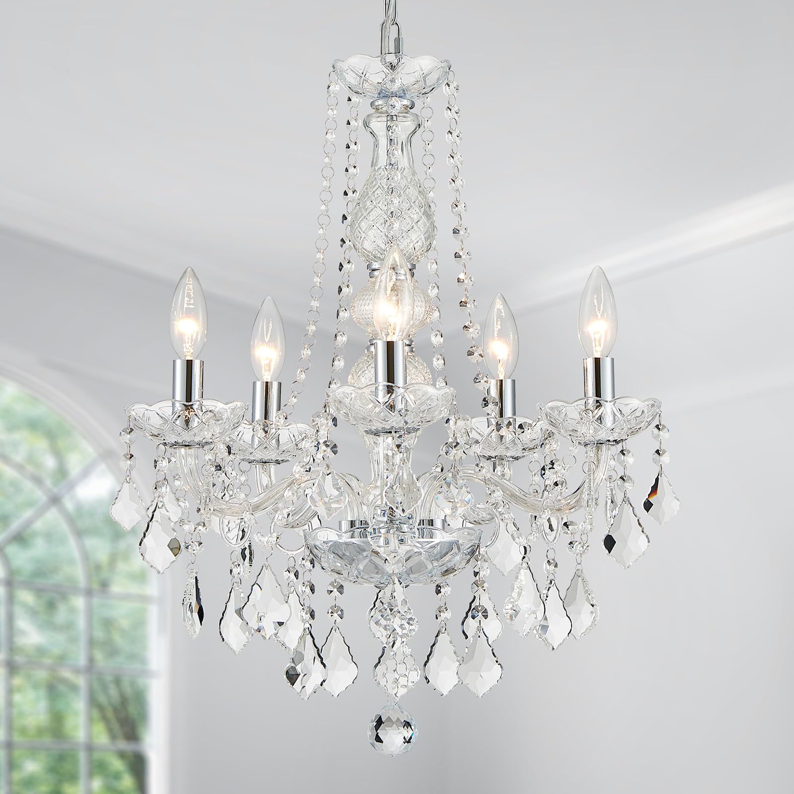 WUZUPS Crystal 5-Light Candle Chandelier Pendant Flushmount Ceiling Light Modern Lighting Fixture for Bedroom Hallway Bar Kitchen Bathroom, H 20.9" x W 21.7", Brushed Nickel, E12 Base