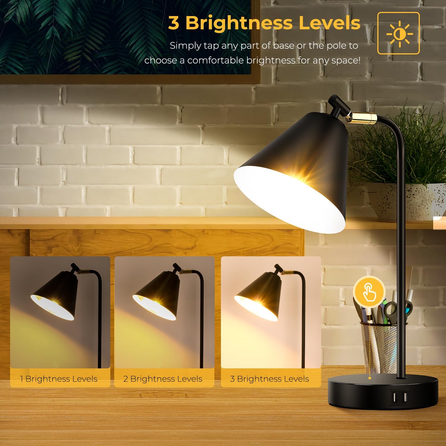Touch Control Black Metal Table Lamp, Dimmable Flexible Desk Lamp with Charging Ports