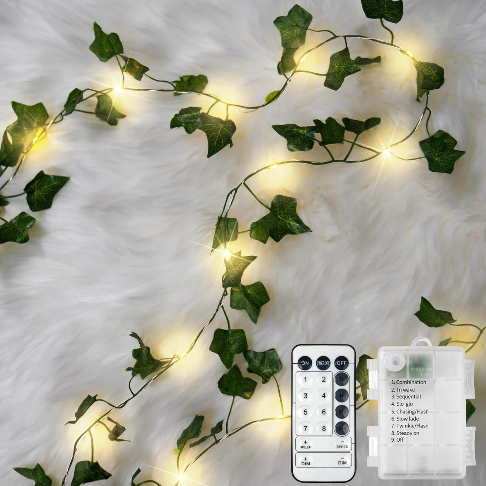 Warm White LED Ivy String Lights 40ft 4 Pack, USB & Battery Powered Decor Lights