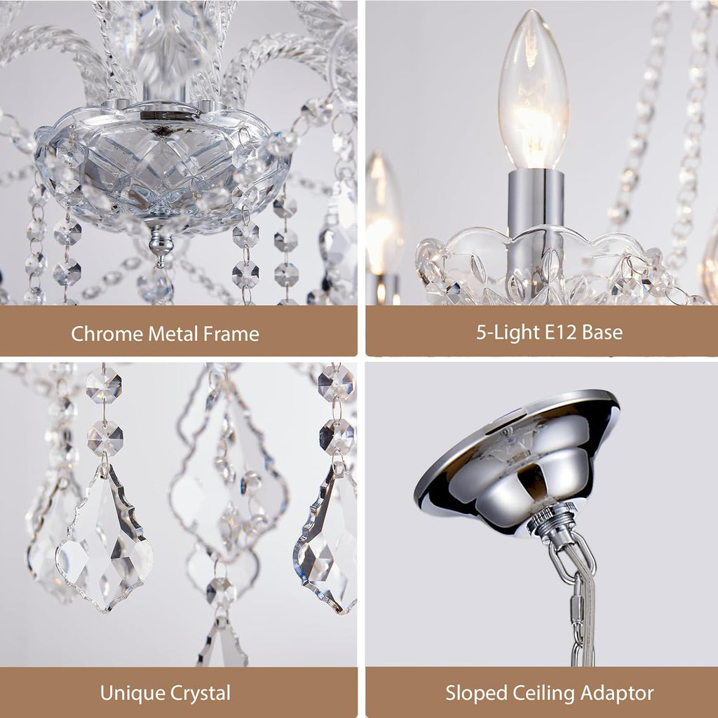 5-Light Modern Candle Crystal Glass Chandelier Pendant Ceiling Lighting Fixture for Dining Room Kitchen Hallway Living Room Bedroom Bar Closet, 23" Chrome Contemporary Elegant Lamp