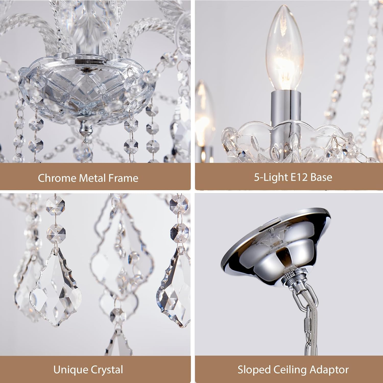 5-Light Modern Candle Crystal Glass Chandelier Pendant Ceiling Lighting Fixture for Dining Room Kitchen Hallway Living Room Bedroom Bar Closet, 23" Chrome Contemporary Elegant Lamp
