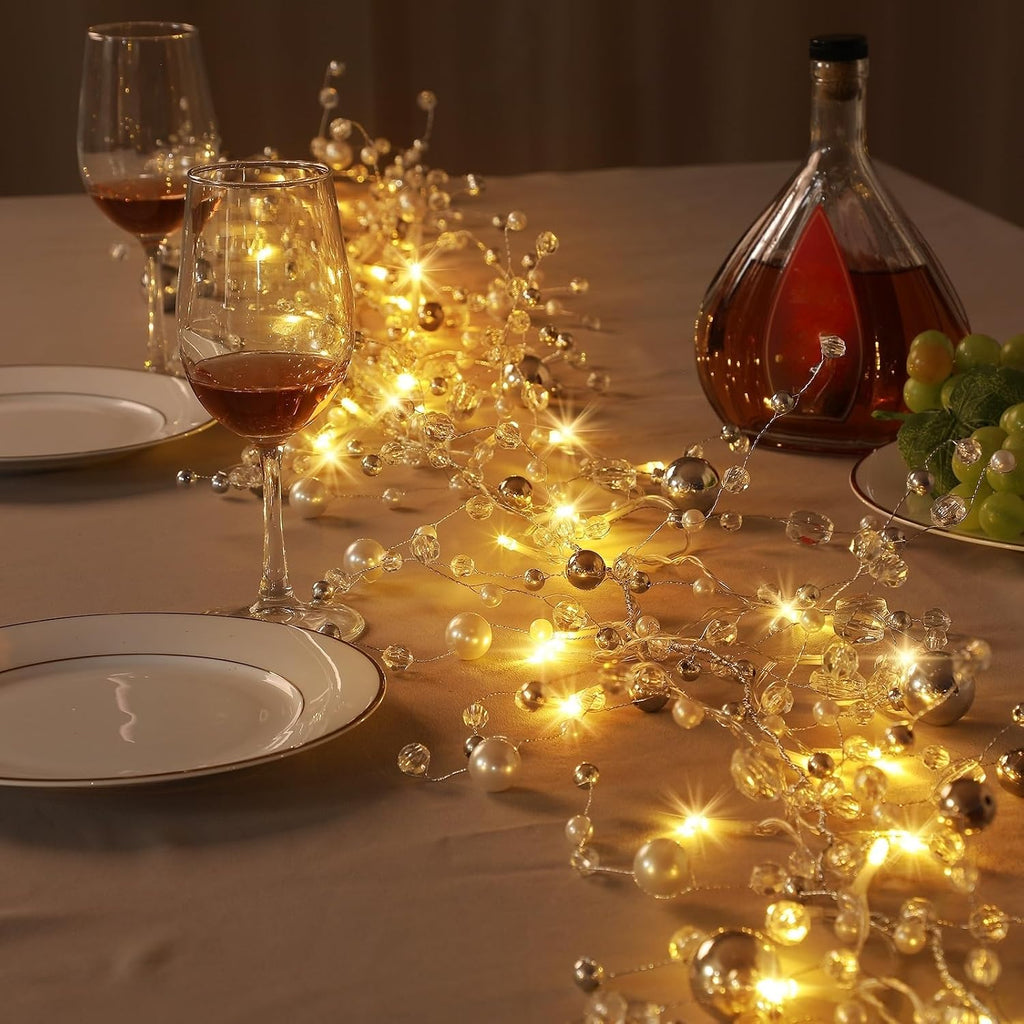 VIHOSE 12 Ft Christmas Glitter Gem Garland with Light Crystal Beaded Ice Wire Clear Garland Acrylic Faux Diamond String Decoration for Xmas Tree Home Table Holiday Party