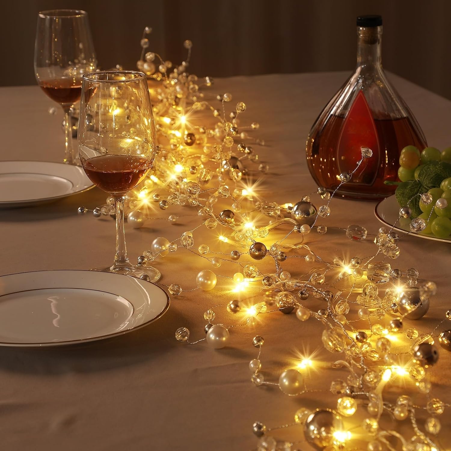 VIHOSE 12 Ft Christmas Glitter Gem Garland with Light Crystal Beaded Ice Wire Clear Garland Acrylic Faux Diamond String Decoration for Xmas Tree Home Table Holiday Party