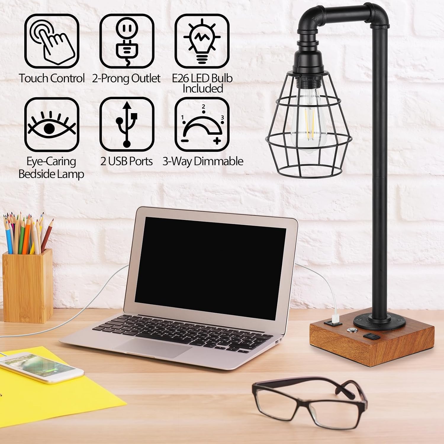 YBING Industrial Desk Lamp, Bulb Included, 3 Way Dimmable Table Lamp with Dual USB Ports & AC Outlet, Edison Touch Control for Bedroom, Study, Living Room, Office