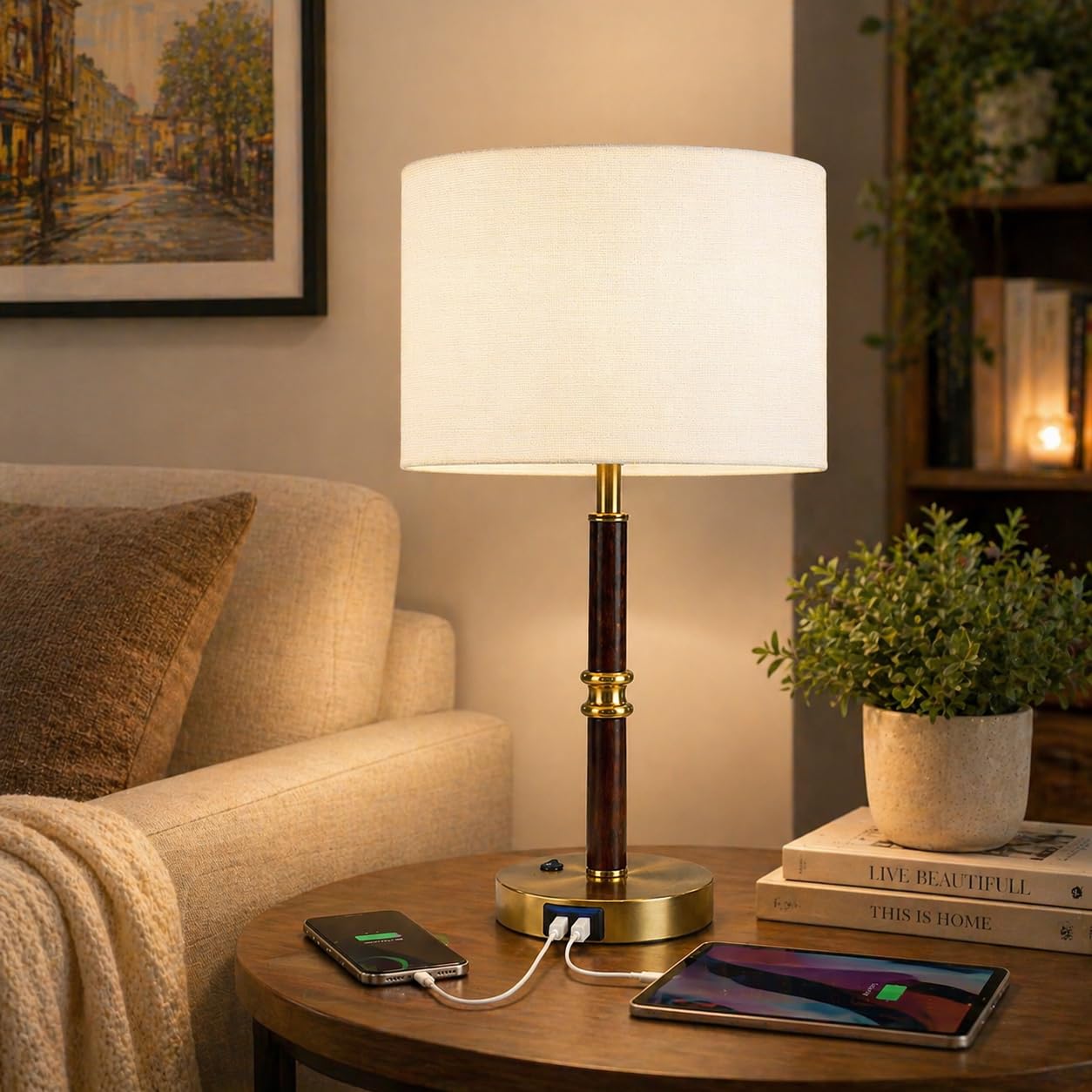 Modern Desk Lamp with USB & AC Outlet, Adjustable Industrial Table Lamp, Heavy Base, 270° Swivel, E26 Socket for A15/G45/T45 Bulbs, Bedside Lamp for Bedroom, Office, Living Room (Bulb Not Included)