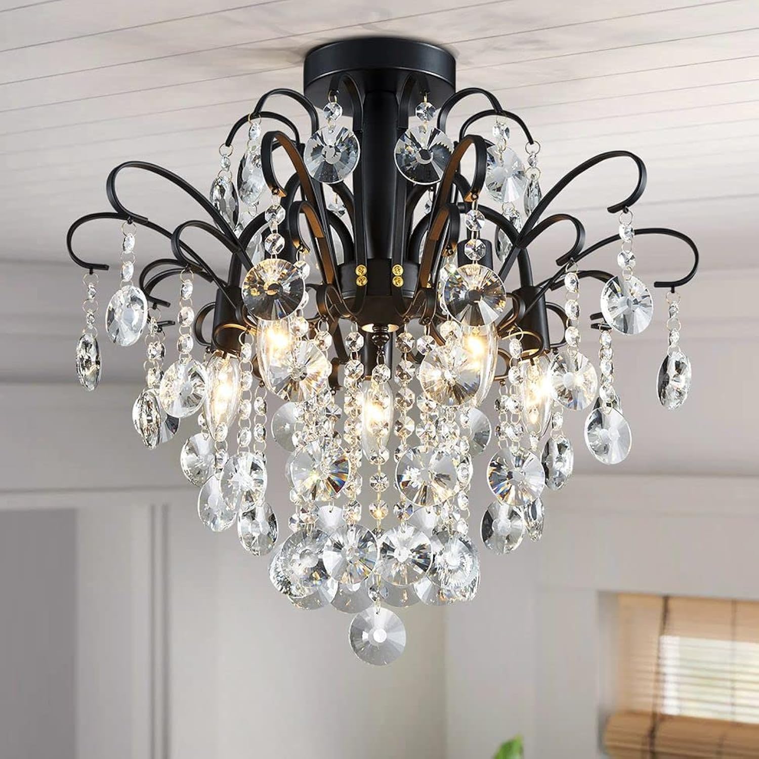 WUZUPS Crystal Chandelier 10-Light Pendant Ceiling Light Modern Lighting Fixture for Dining Room Hallway Bedroom Kitchen Bathroom, H 27.6" x W 22.8", E12 Base, Black