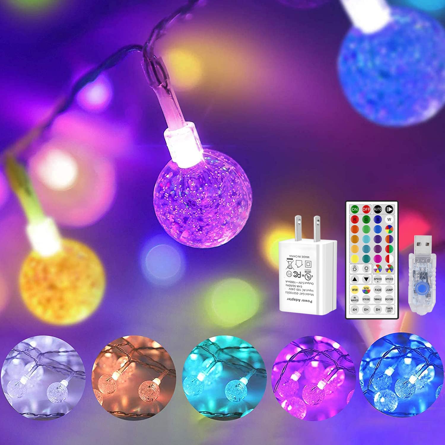 OMIKA Globe Outdoor String Lights Plug in, Connectable 66ft 120LED Crystal Ball Light Waterproof Remote, 24 Colors Decorative Lights for Patio Umbrella Tent Garden Eaves Party Indoor Christmas Décor