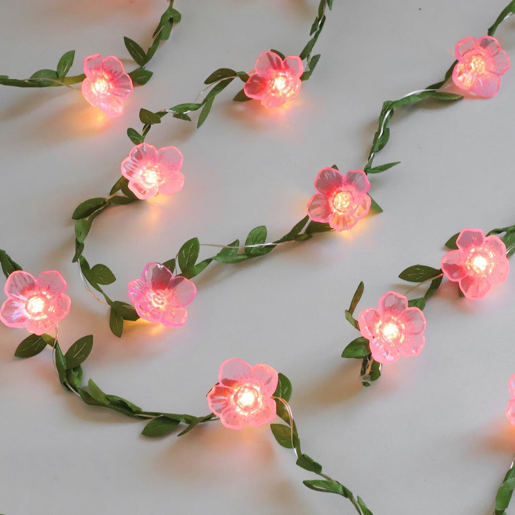 Cherry Blossom Decor Flower String Lights Vines with Fairy Lights Christmas, 30 LED Copper with Remote Control Battery Operated Pink Flower Garland Leaf for Locker, Wall,Christmas Decorations-4 Pack
