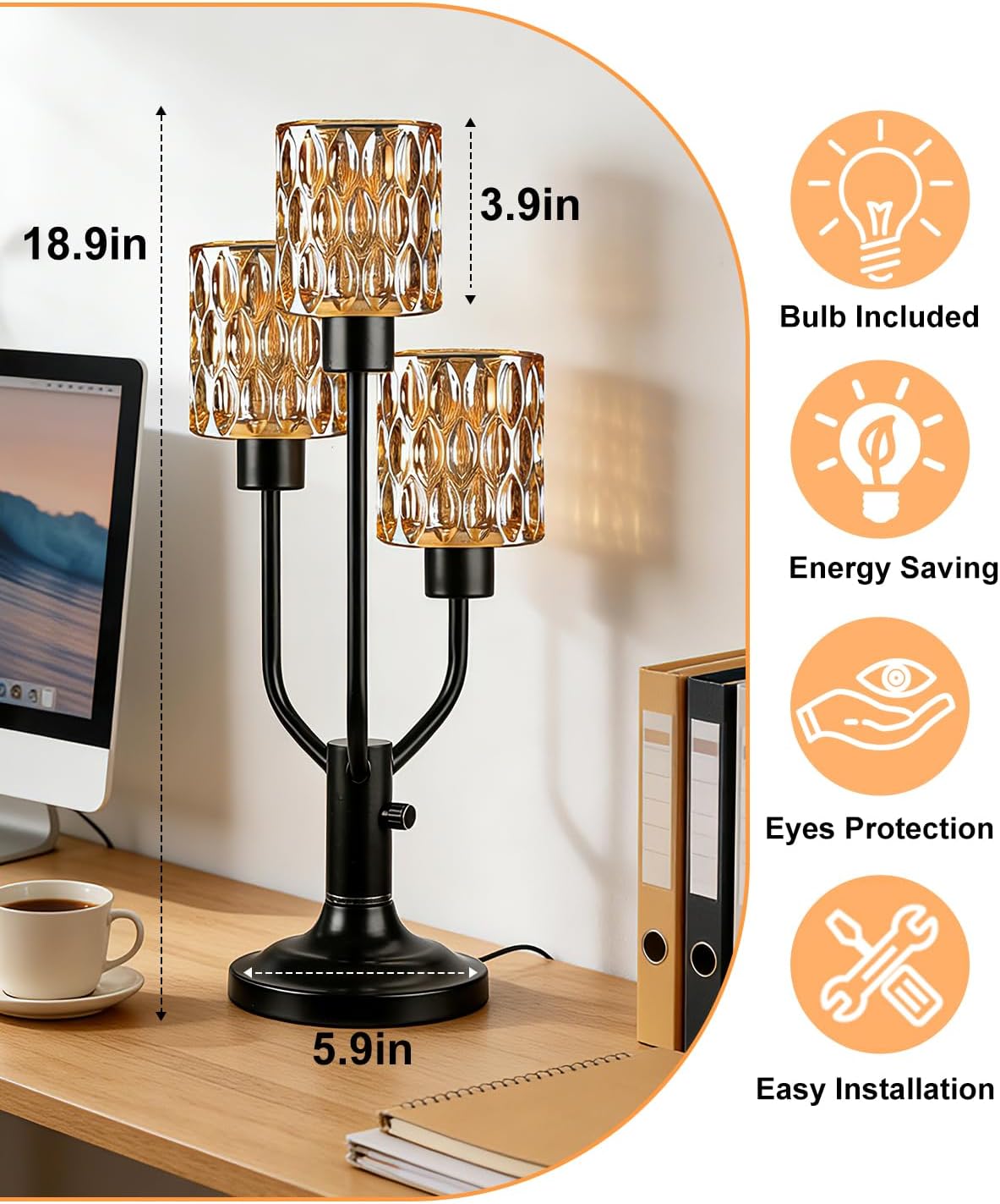 Mid Century Modern Table Lamp for Living Room Dimmable Nightstand Lamp Vintage Black Desk Lamp with Brown Glass 3 Bulbs Included Warmwhite Ambient Bedside Lamps for Bedroom Office Home Decor