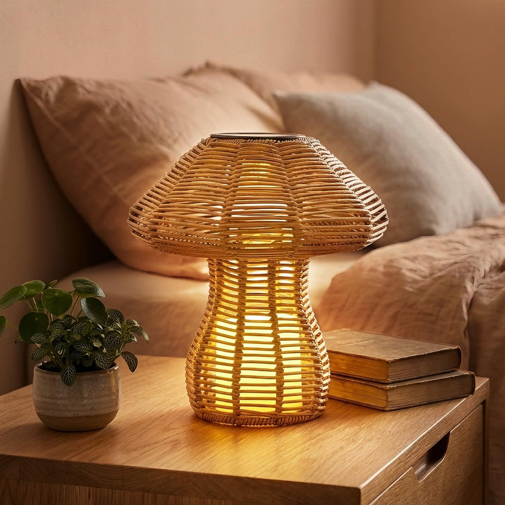 Portable Rattan Table Lamp for Indoor Outdoor, CE,RoHS Certified Solar Charging & Replaceable Battery LED Light, Ratten Bedroom Lamp with Warm Candle Bulb for Patio Bedroom, Pack of 2