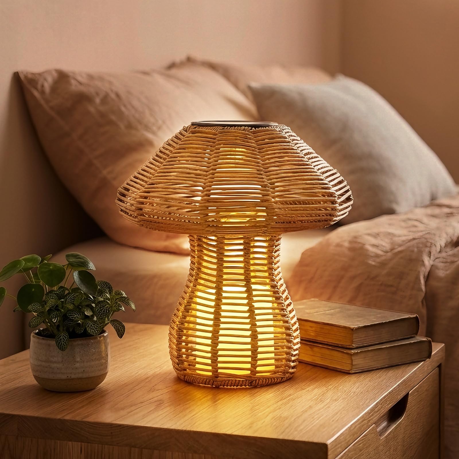 Portable Rattan Table Lamp for Indoor Outdoor, CE,RoHS Certified Solar Charging & Replaceable Battery LED Light, Ratten Bedroom Lamp with Warm Candle Bulb for Patio Bedroom, Pack of 2