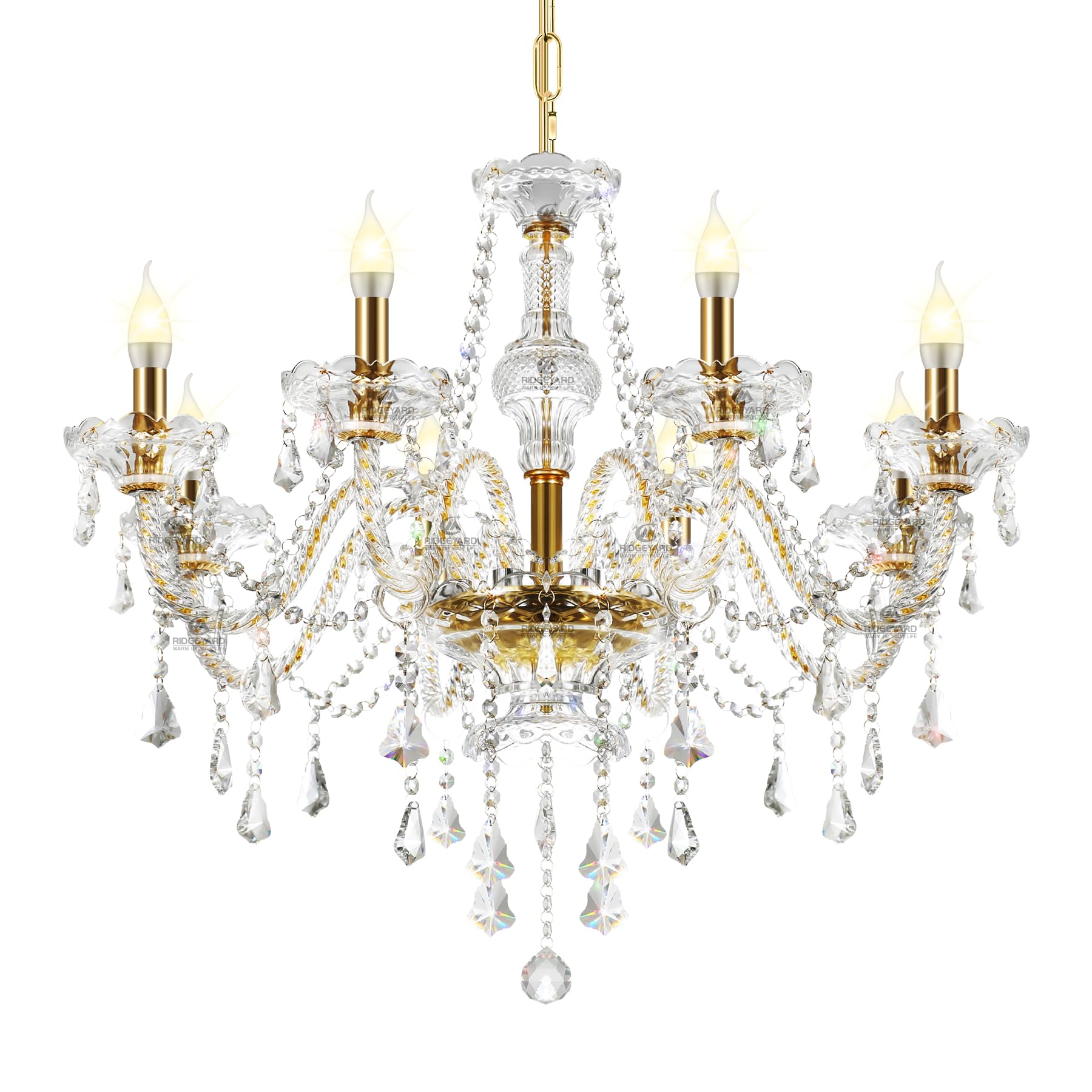 Ridgeyard 10-Light Crystal Chandelier Cognac/Champagne Modern K9 Crystal Candle Pendant Lamp Ceiling Lighting Fixture, Chandeliers for Dining Room Home Decor