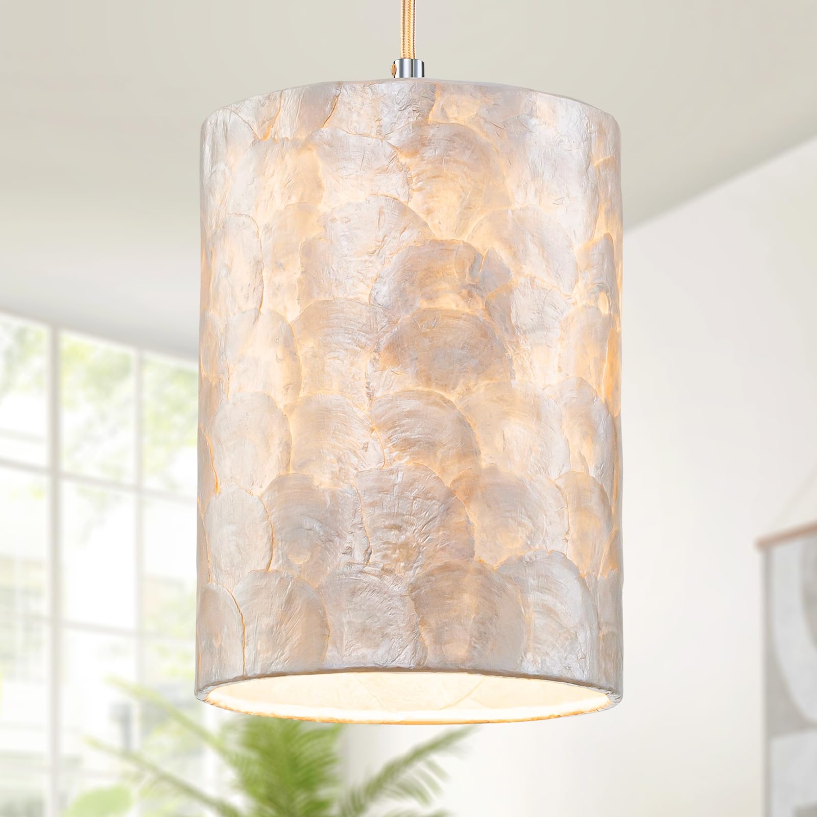 LumFurn X-Large 6-Light Drum Capiz Shell Crystal Chandeliers, Coastal Style Pendant Light Fixture for Dining Room, Living Room, D24 x H23~71 inch(Adjustable), Shell Lampshade & Chrome Finish