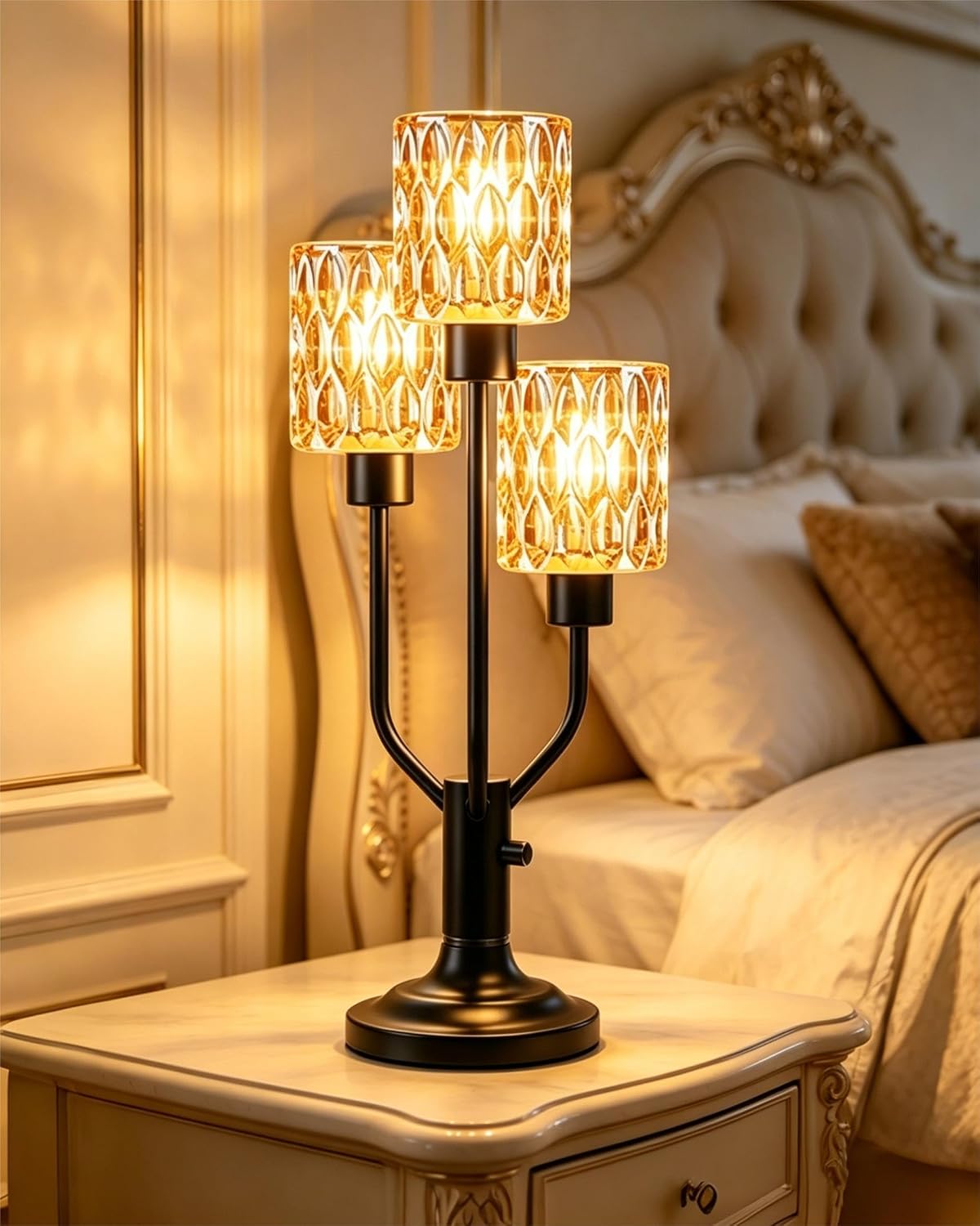 Mid Century Modern Table Lamp for Living Room Dimmable Nightstand Lamp Vintage Black Desk Lamp with Brown Glass 3 Bulbs Included Warmwhite Ambient Bedside Lamps for Bedroom Office Home Decor