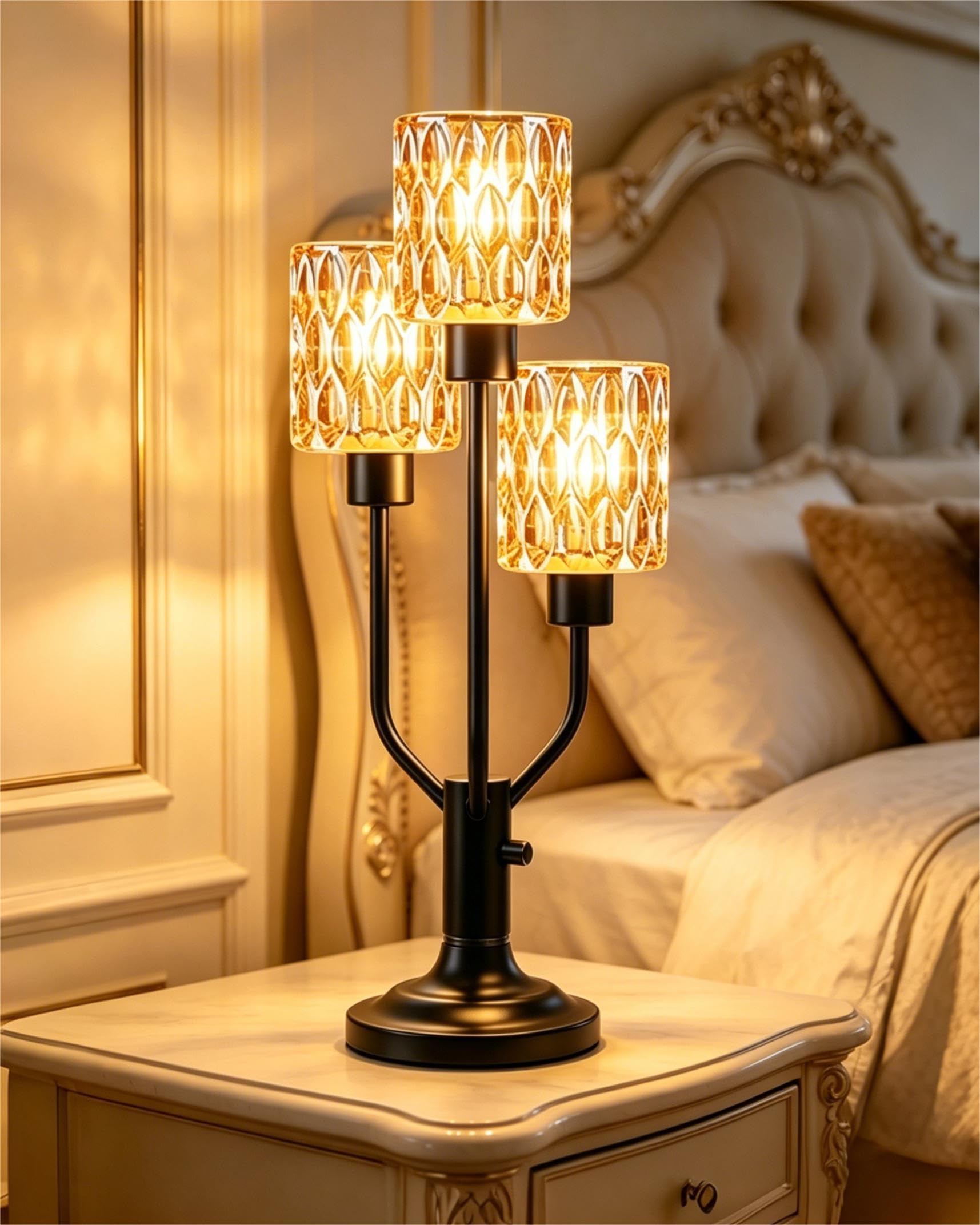 Mid Century Modern Table Lamp for Living Room Dimmable Nightstand Lamp Vintage Black Desk Lamp with Brown Glass 3 Bulbs Included Warmwhite Ambient Bedside Lamps for Bedroom Office Home Decor