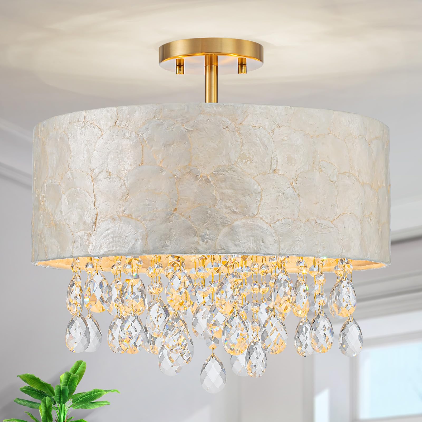 LumFurn X-Large 6-Light Drum Capiz Shell Crystal Chandeliers, Coastal Style Pendant Light Fixture for Dining Room, Living Room, D24 x H23~71 inch(Adjustable), Shell Lampshade & Chrome Finish