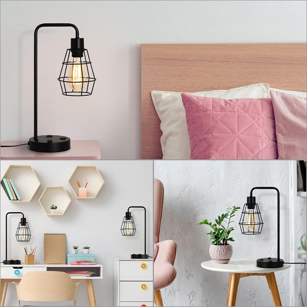 Set of 2 Industrial Cage Table Lamps with USB & AC Outlet, USB Edison Bedside Lamps