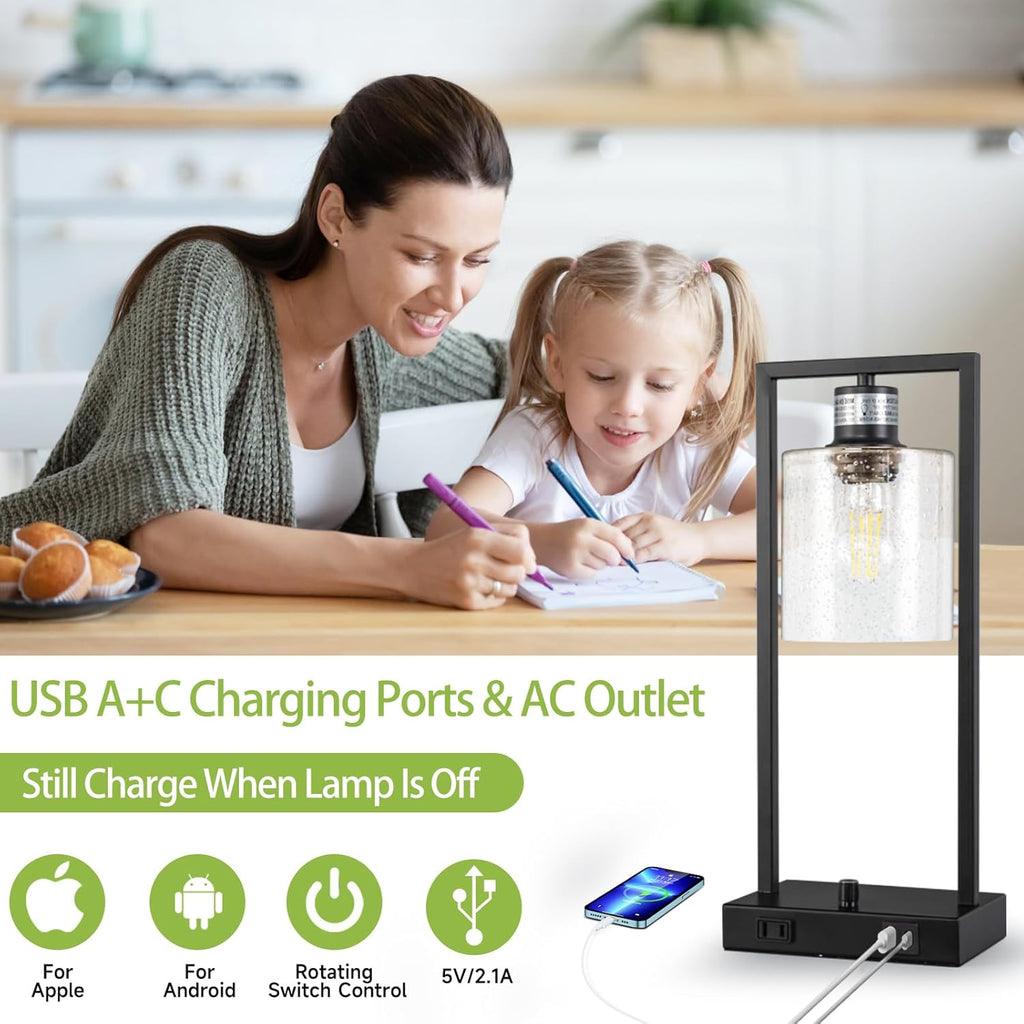 16" Desk Lamps for Home Office, Bedside Lamps with USB C+A Ports and Outlet, Black Fully Stepless Dimmable Industrial Table Lamps with Seeded Glass Shade for Reading Living Room, LED Bulbs Included