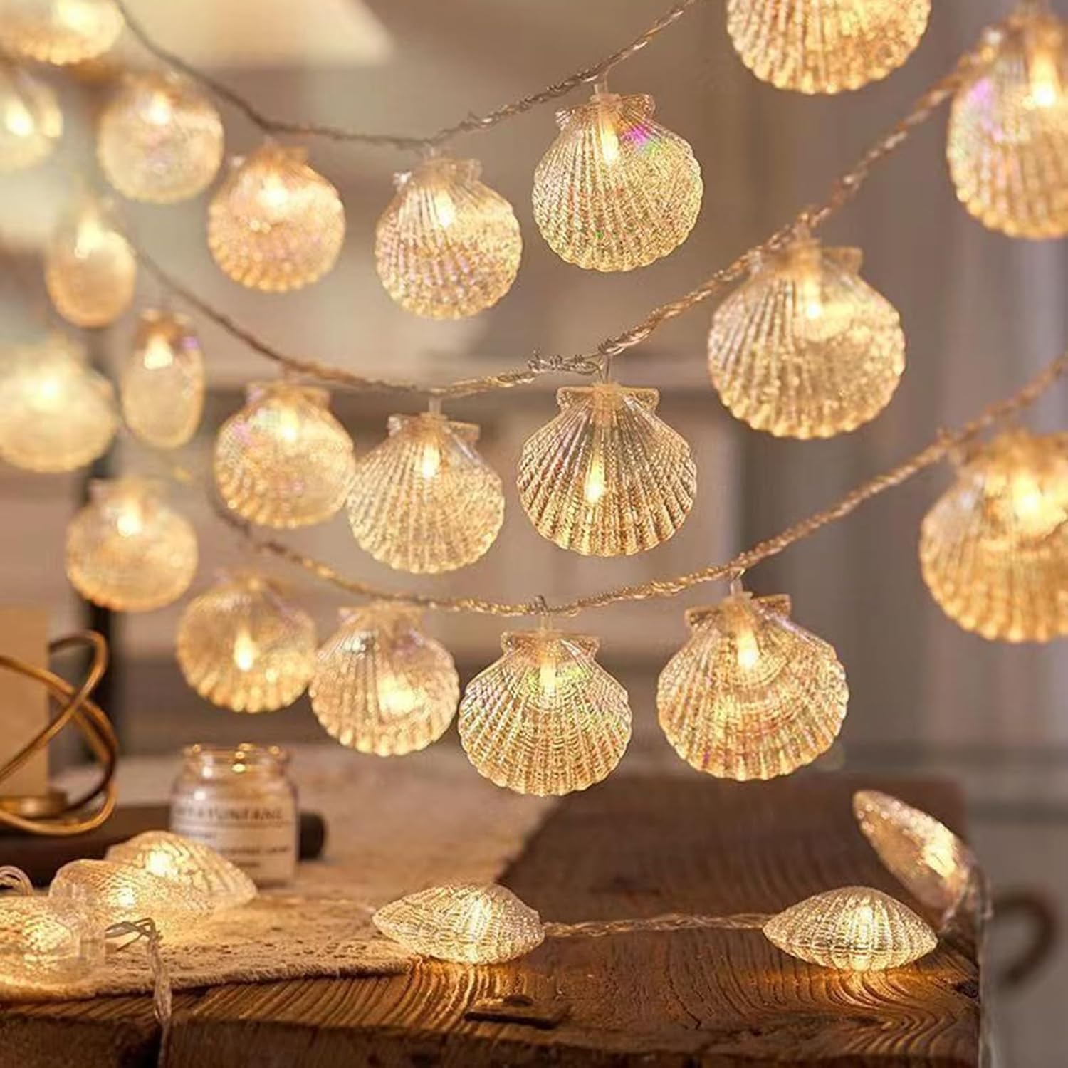 Natural Beach Shell String Light 20FT 40 LED Warm White LED Seashell Fairy Lights,Lights with Battery Operated，Ocean Theme Decor for Bedroom, Party, Wedding, Garden, Patio(Shell)