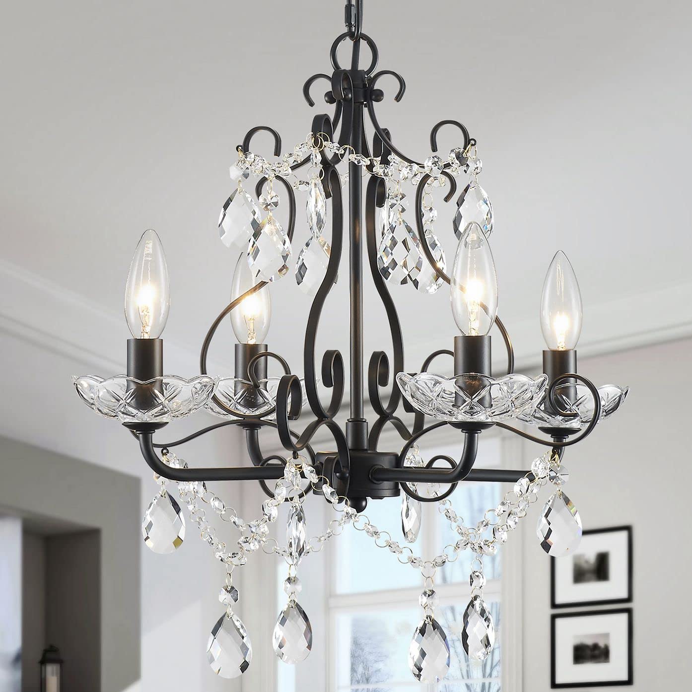 WUZUPS Crystal 5-Light Candle Chandelier Pendant Flushmount Ceiling Light Modern Lighting Fixture for Bedroom Hallway Bar Kitchen Bathroom, H 20.9" x W 21.7", Brushed Nickel, E12 Base